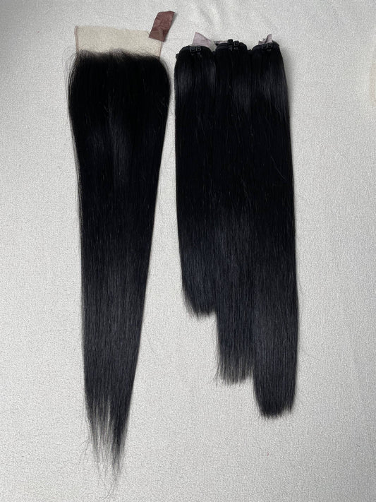 Super double drawn Vietnamese silk HD 5x5 closure. 3-bundle set, virgin or raw, dense from root to tip. Available 8”–40”.